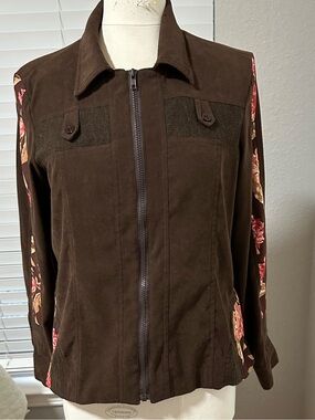 Selene Sport Dark Brown Zip-Front Jacket with Floral Sleeve Accents